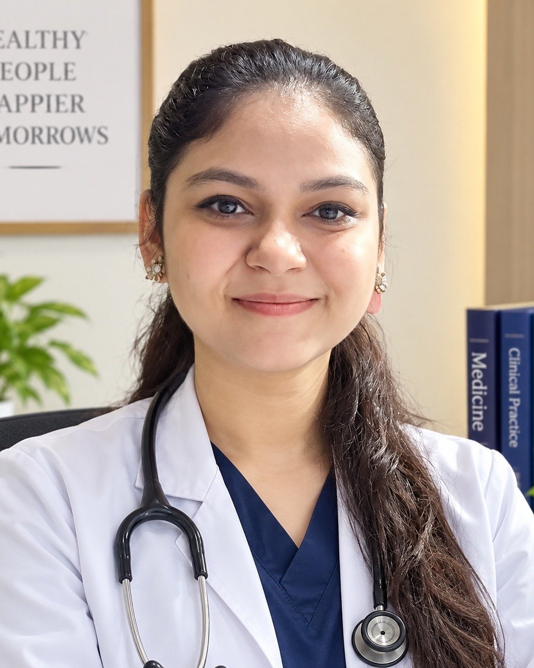 Dr. Priya Darshini Gangwar in a white coat with stethoscope