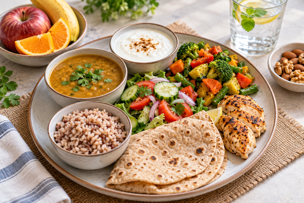 Healthy eating balanced Indian meal